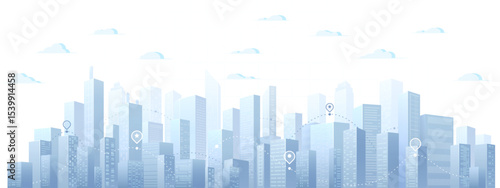 City panorama. GPS navigation to pins and multiple markers. Abstract horizontal background cityscape. Buildings of business district. Editable vector illustration