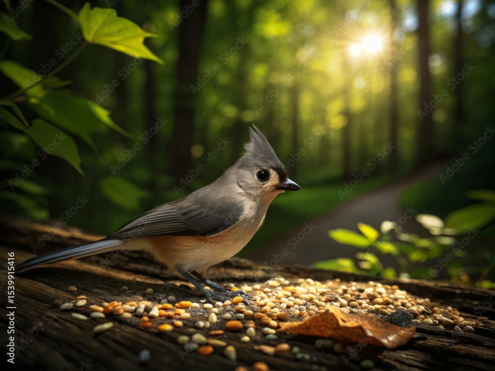 Naklejka premium A small tufted titmouse bird perched on a fallen log eating seeds in a sunlit green forest.