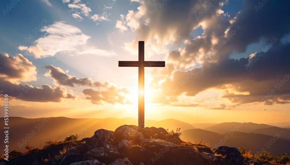 Sunset Cross Silhouette on Mountaintop, Religious, Faith Christianity, Spiritual Sunset Cross Silhouette on Mountaintop, Religious, Faith Christianity, Spiritual