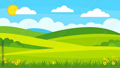 Sunny Meadow Landscape Green Hills, Blue Sky, Flowers, Grass, illustration, nature scene landscape illustration, nature scenery