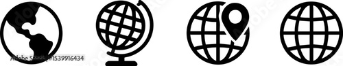 A black and white icon set showing four globe symbols: Earth, globe on stand, globe with location pin, and a grid-style globe.