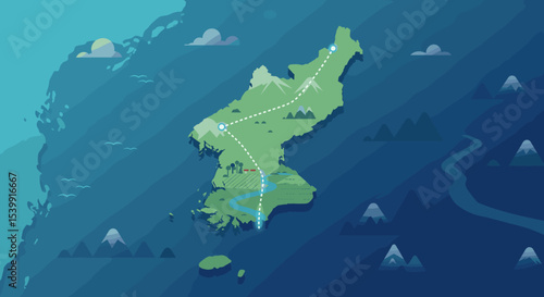 a simplified map of Korea, with a visible crack splitting the country down the middle. The map features landmarks and mountains, with a traditional architectural design on top of both the southern and