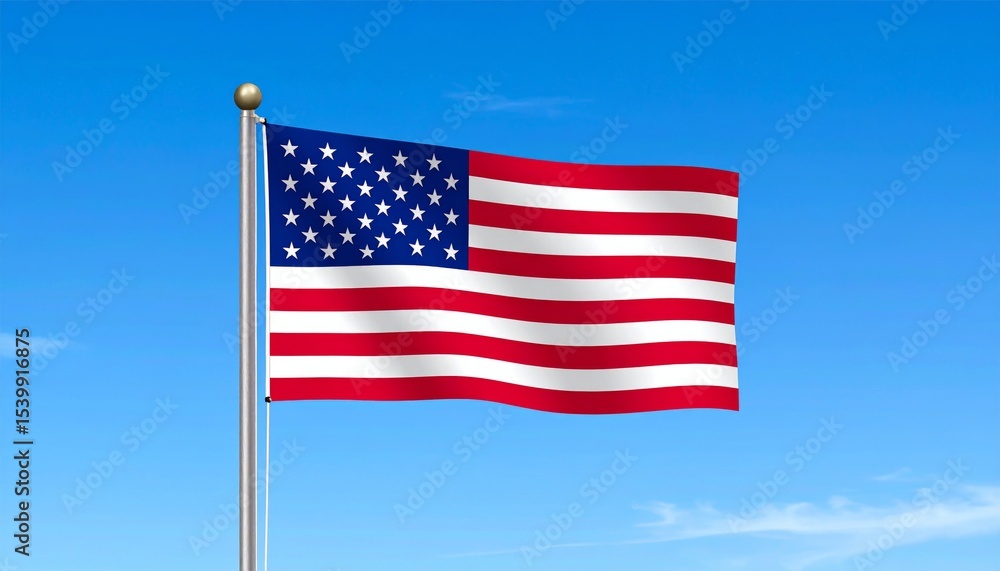 Waving American Flag on Blue Sky, Patriotism, National Symbol, USA Flag. Patriotism, Americana Waving American Flag on Blue Sky, Patriotism, National Symbol, USA Flag. Patriotism, Americana
