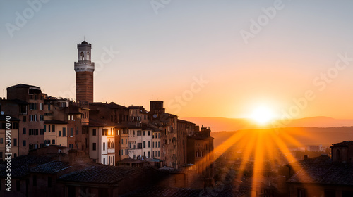 A stunning sunrise casts golden rays over a historic cityscape featuring ancient buildings and a prominent tower under a clear sky.