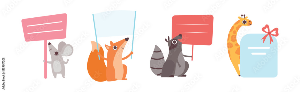 Fototapeta premium Funny Animal Character Holding Banner or Placard Vector Set