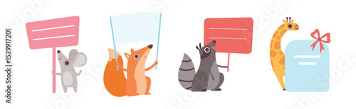 Funny Animal Character Holding Banner or Placard Vector Set