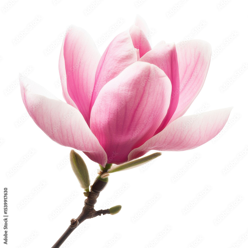 Fototapeta premium Close up of a pink magnolia flower with a white background and small stem