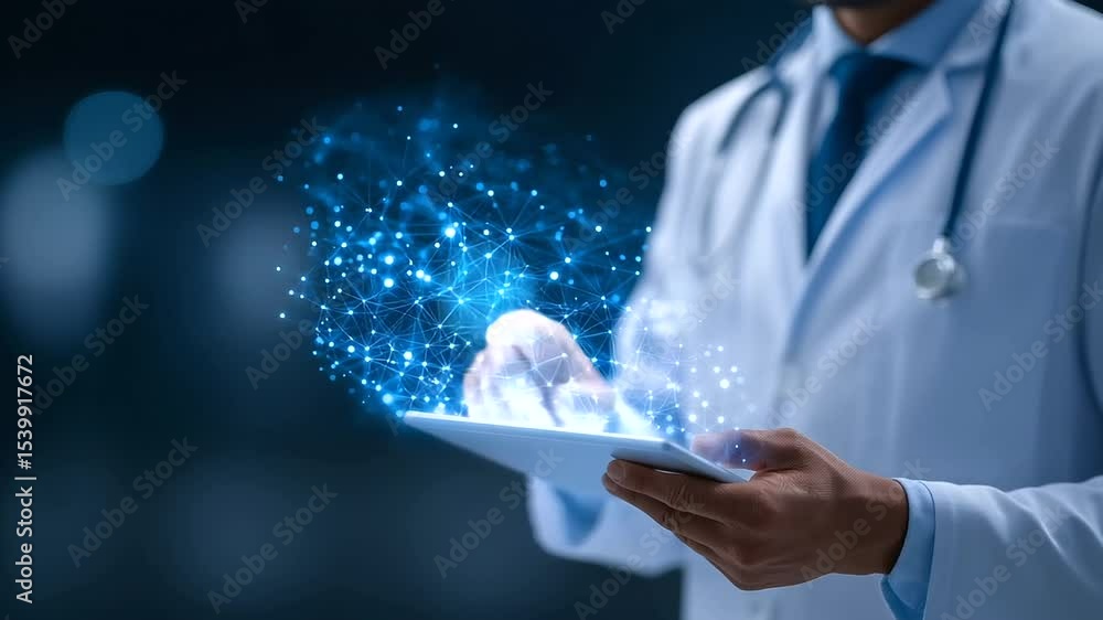 A doctor reviews digital patient records within a virtual healthcare network. A doctor reviews digital patient records within a virtual healthcare network.
