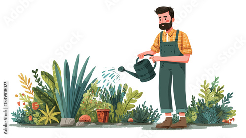 Digital illustration depicting a bearded man in overalls watering a variety of plants and flowers in a garden setting. The style is cartoonish with a flat, illustrative feel. 