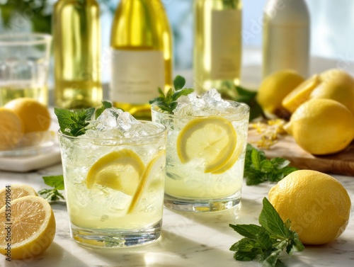 Limoncello cocktails with lemon and mint on marble table, bright indoor scene with fresh elegance.