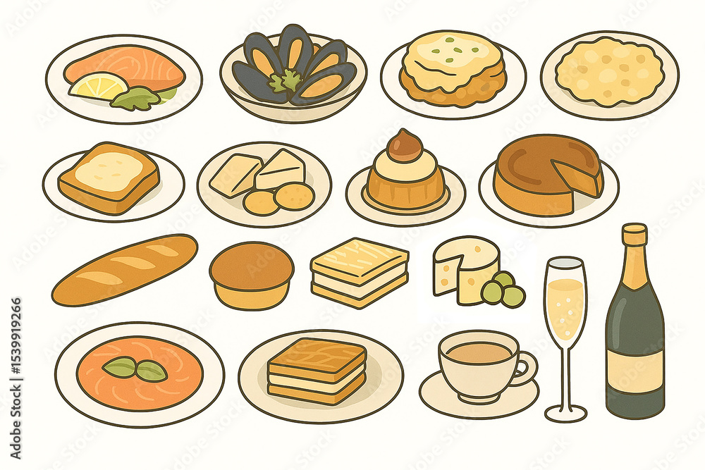 フラットなフランス料理のイラストセット フラットなフランス料理のイラストセット