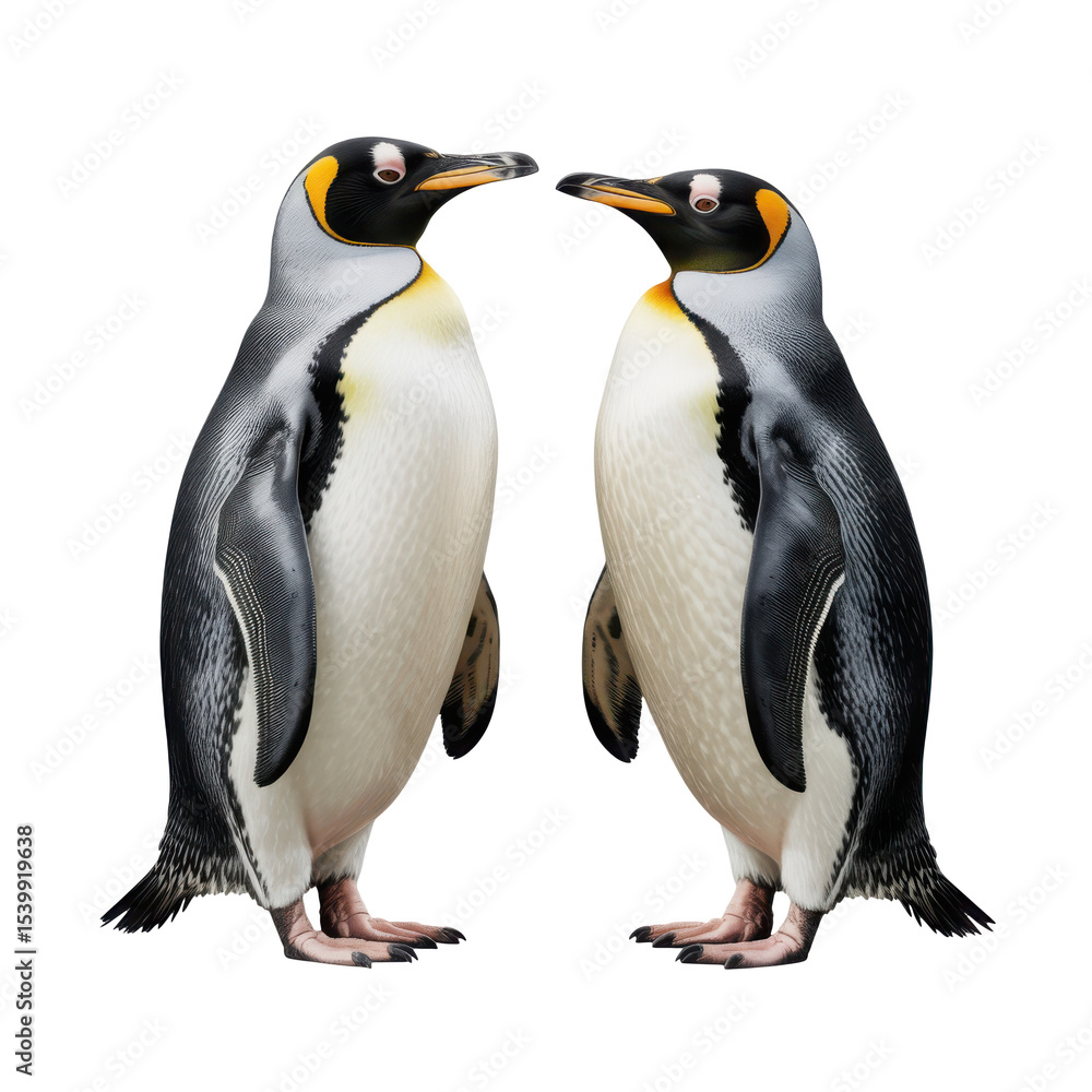 Fototapeta premium Realistic image of two penguins with black and white feathers standing face-to-face isolated transparent background