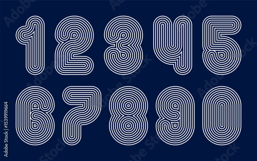 Vector striped number set. Round typo font, funky retro digits. Old letter alphabet, cool poster line elements. Decorative digital logo, sport graphic numerals. 80s shape stripe texture outline emblem