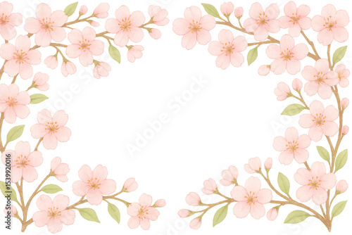 Gentle pink cherry blossom branches create a delicate frame on a transparent background, perfect for spring-themed designs