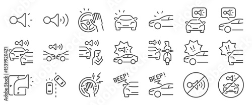 car horn icon set. It included honking, alert, traffic, notification, loud, and more icons. Editable Vector Stroke.