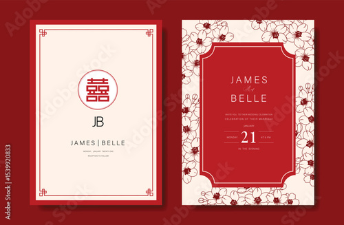 Modern Chinese wedding card vector set. Luxury invitation card design with poppy flower line art on red and beige. Illustration for vip cover, poster, rsvp modern card, Chinese New Year.