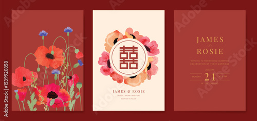 Modern Chinese wedding card vector set. Luxury invitation card design with watercolor poppy flower on red and beige. Illustration for vip cover, poster, rsvp modern card, Chinese New Year.