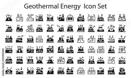 Geothermal Energy Icon Set.svg. collection, sketches, logo illustrations, web symbols, outline style pictograms package isolated on white background. Vector graphics. stock illustration