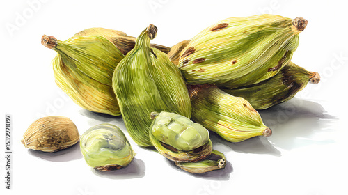 Wallpaper Mural Watercolor Illustration of Cardamom Pods – Aromatic Green Spice on White Background Torontodigital.ca