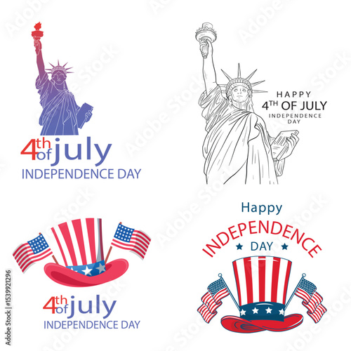 4th of July Patriotic Illustration – Statue of Liberty, Fireworks, Uncle Sam Hat, and American Flag