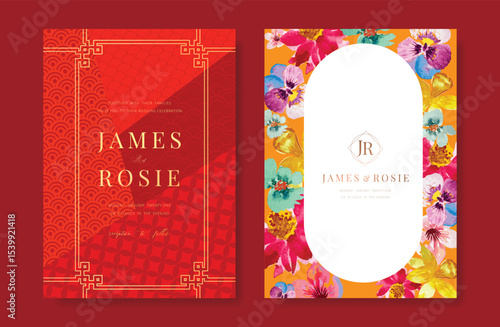 Modern Chinese wedding card vector set. Luxury invitation card design with watercolor orchid, pattern on red and white. Illustration for vip cover, poster, rsvp modern card, Chinese New Year.