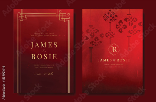 Modern Chinese wedding card vector set. Luxury invitation card design with lantern, frame on red background. Illustration for vip cover, poster, rsvp modern card, Chinese New Year.