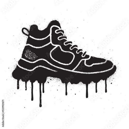 Black and White Graffiti Sneaker Illustration with Spray Paint Drips.