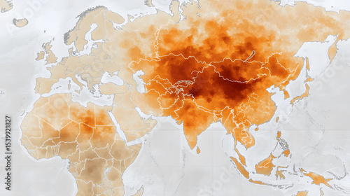 Heatwave map showing cooling inequality with intense orange and brown shades over Asia and lighter shades over Europe and Africa, illustrating temperature variation and climate impact