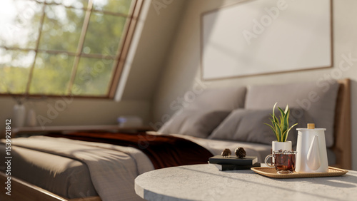 Bilde på lerret A grey bed with pillow and comforter and iced coffee and kettle atop marble table under roof window