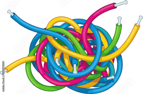 Tangled Multicolored Wires: A Chaotic Intertwining of Blue, Yellow, Green, and Pink Cables