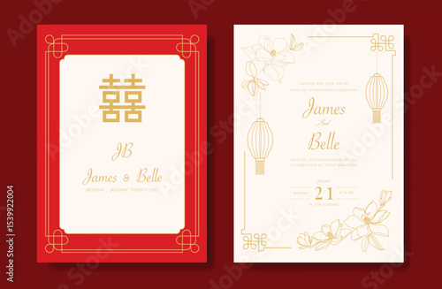 Modern Chinese wedding card vector set. Luxury invitation card design with gold line poppy flower lantern frame on red and beige. Illustration for vip cover, poster, rsvp modern card,Chinese New Year.