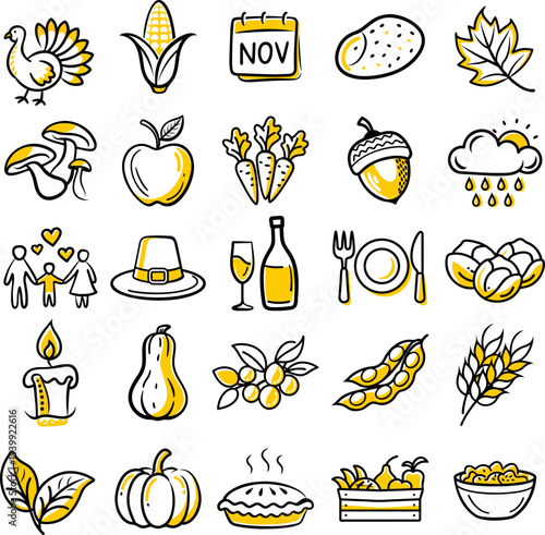 Thanksgiving Icons A Collection of Autumn Harvest and Family Gathering Symbols