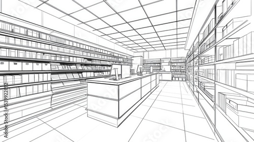 Interior sketch of a retail grocery store.