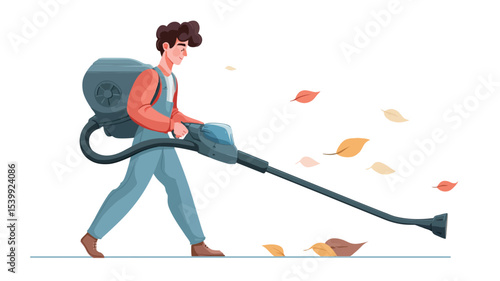 Illustration of a man with brown hair wearing a red jacket and blue pants using a backpack leaf blower.  The leaf blower is dark gray and has a long nozzle.  Yellow and orange leaves are being