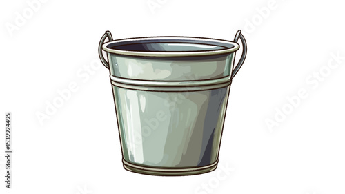 A digital illustration of a small, cylindrical metal bucket with two handles. The bucket is light grey or silver in color, appearing slightly weathered or worn.  The handles are dark grey or black