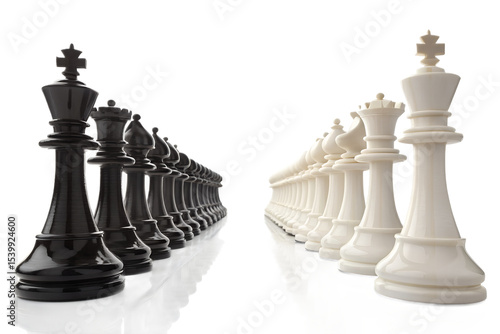 Fototapeta Black and White Chess Pieces Facing Off, Strategy Game