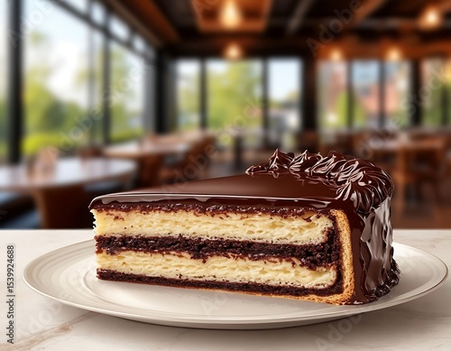 A piece of cake on the right, a blurred cafe background on the left is a cross-section of a luxurious puff pastry cake.  glossy dark chocolate glaze, delicate sponge cake, light, chocolate.