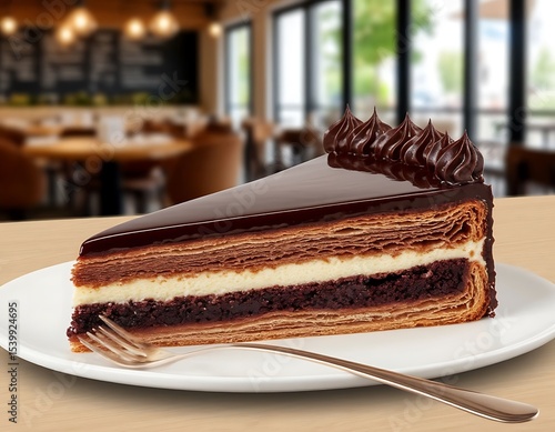 A piece of cake on the right, a blurred cafe background on the left is a cross-section of a luxurious puff pastry cake.  glossy dark chocolate glaze, delicate sponge cake, light, chocolate.