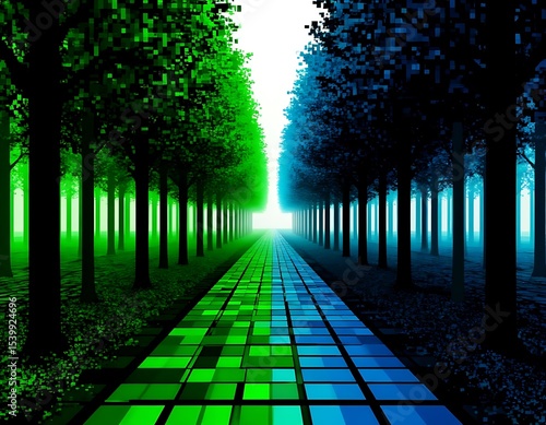digital forest trees , path with a grid of computer pixels in green , blue and black tones, digital reality abstraction background, matrix, codes,