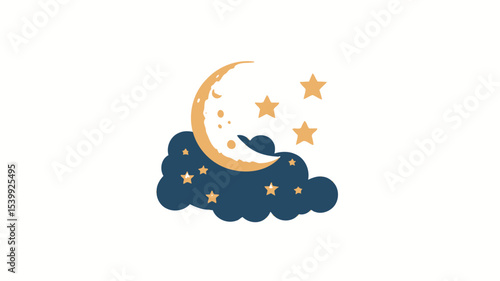 A digital illustration depicting a crescent moon in shades of gold and yellow, partially obscured by a dark blue cloud.  Several smaller, gold stars are positioned around the moon and within the