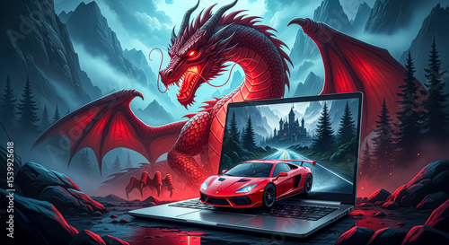 Red sports car on a laptop screen with a formidable red dragon and misty mountains in the background, symbolizing digital gaming, virtual worlds, and high-performance technology