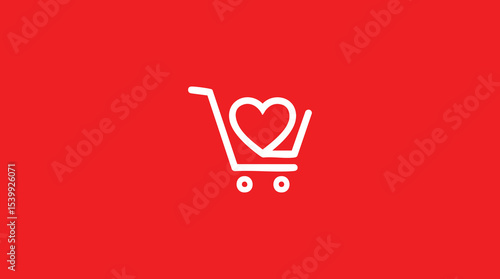 Minimalist White Outline Shopping Cart Icon with Heart Symbol on a Bold Red Background, Representing Wishlist, Favorites, E-commerce, Love for Shopping, or Online Retail