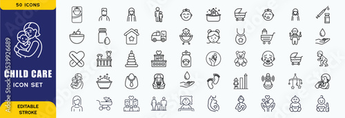 Child care Line Icons set. Editable Stroke. Child, baby boys, family, human age, diaper, child sleeping, baby care and more. Vector Illustration