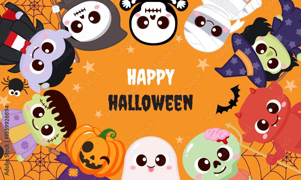 Fototapeta premium Cute Halloween characters background greeting card