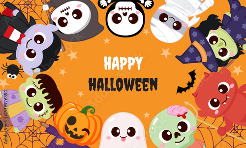 Cute Halloween characters background greeting card