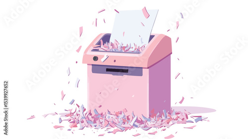 A low-poly style illustration depicting a pink paper shredder. Shredded paper is shown being ejected from the machine and scattered around its base. The overall style is clean and simple with