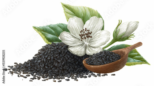 Watercolor Illustration of Black Seed (Kalonji) with Flowers – Nigella Sativa Seeds and Delicate Blue Flowers on White Background