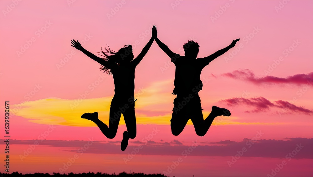 silhouette of two people jumping silhouette of two people jumping