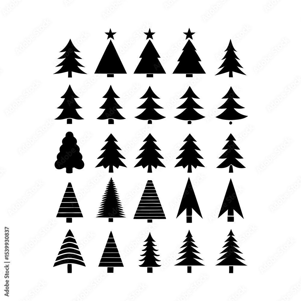 Obraz premium Collection of twenty one black christmas tree silhouettes in a grid arrangement