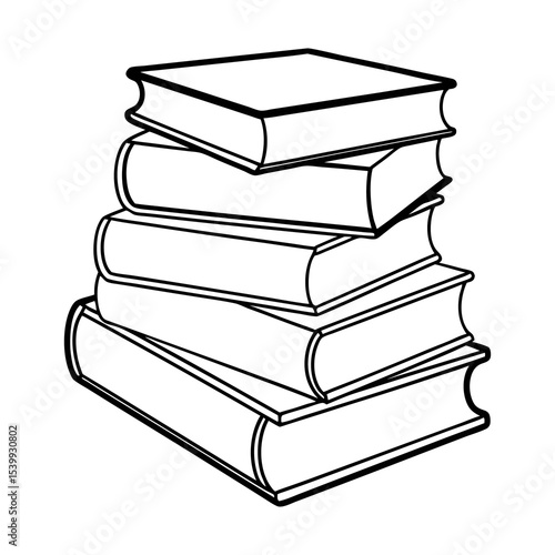 A simple black and white line drawing of a stack of five closed hardcover books